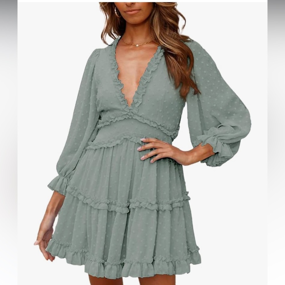 Sage polka dot boho keyhole ruffle mini dress